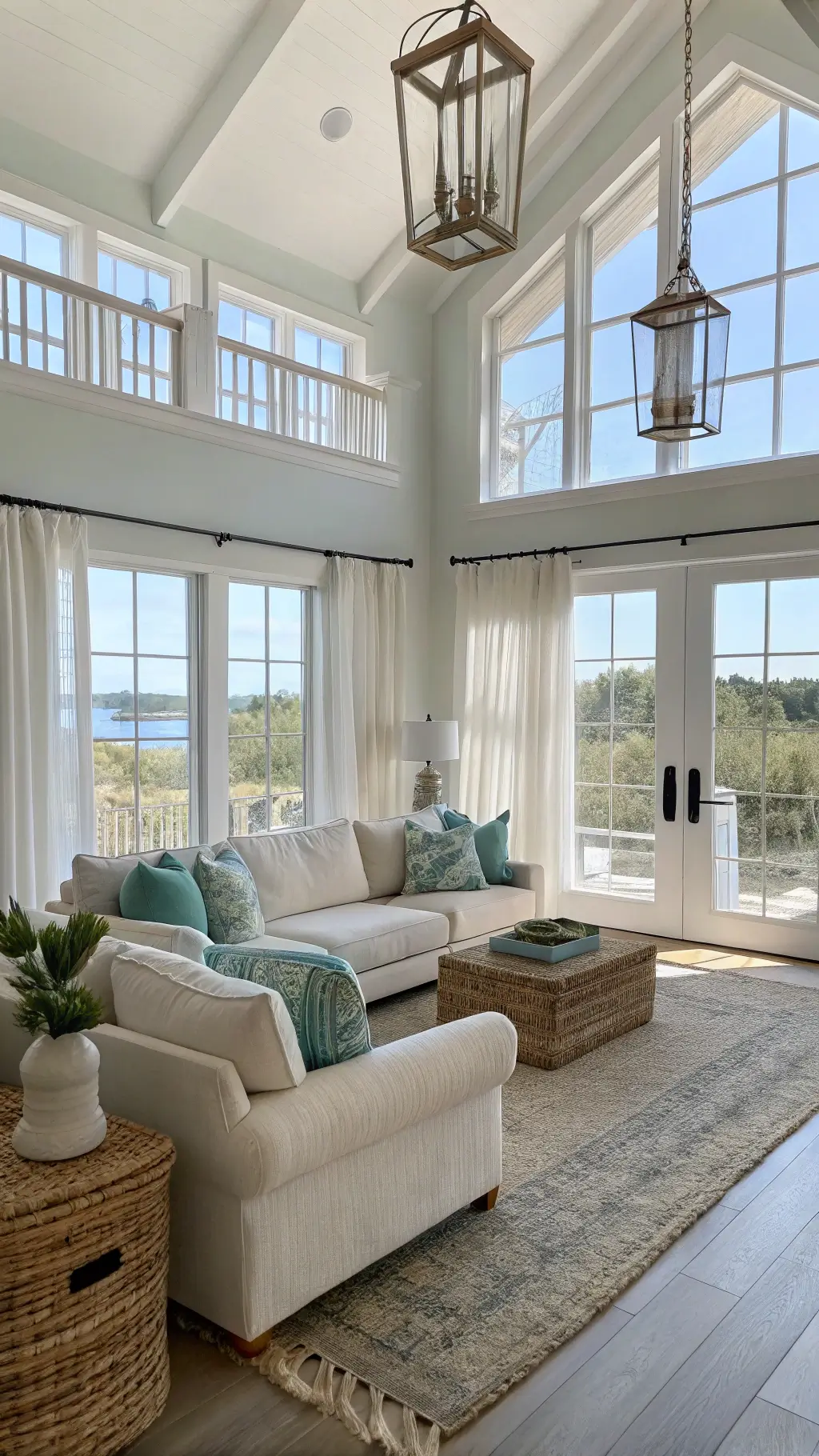 Sunlit living room with high ceilings and large windows, featuring a comfy oatmeal-colored sectional sofa, seafoam green and pale blue pillows, white oak flooring with natural jute rug, coastal artwork, and glass hurricane lanterns within a serene and airy atmosphere.