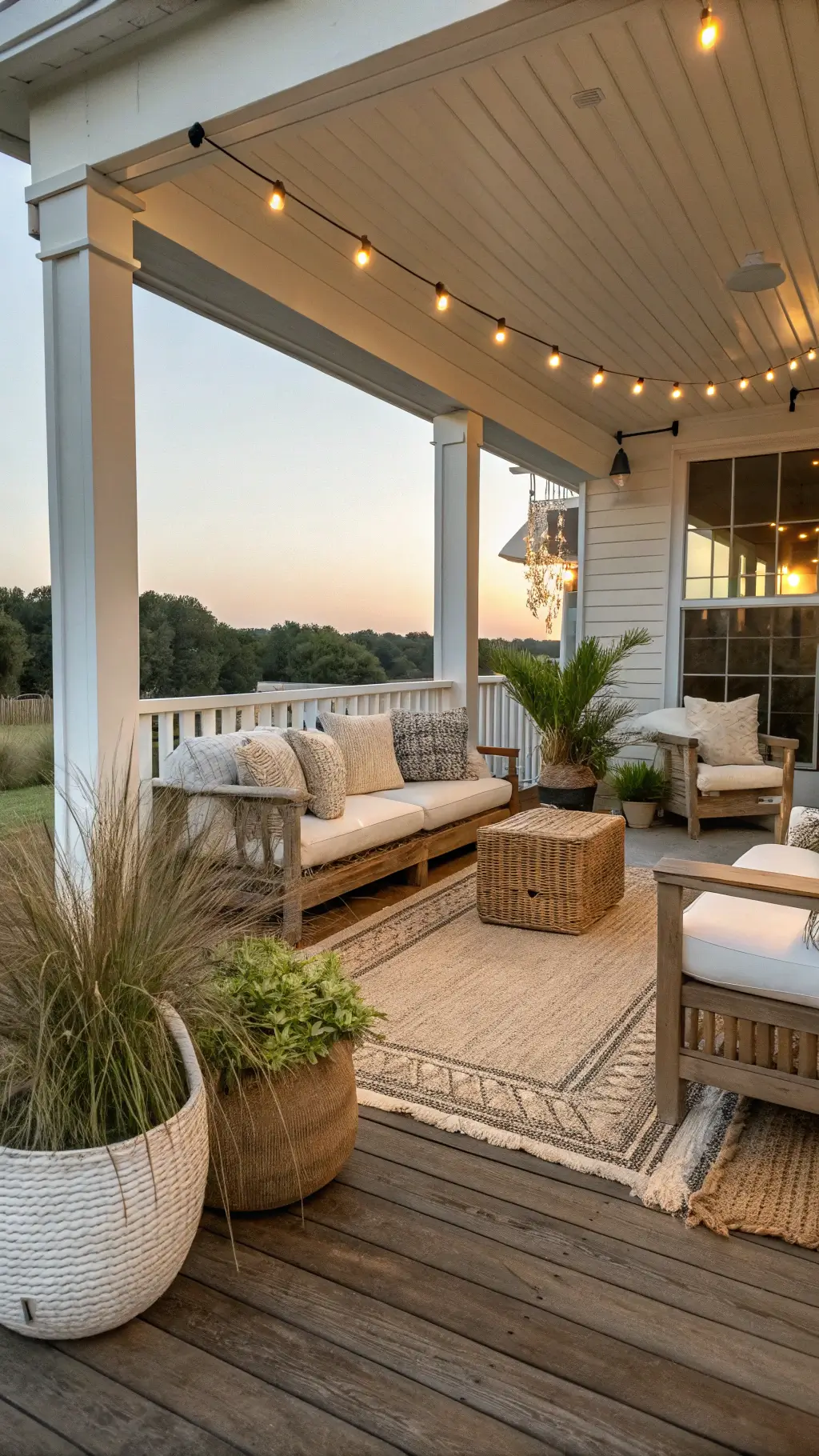 Golden hour view of 12x16ft outdoor covered porch with weathered teak furniture, white cushions, layered natural fiber rugs, coastal grasses in white ceramic planters, and ambient string lights.