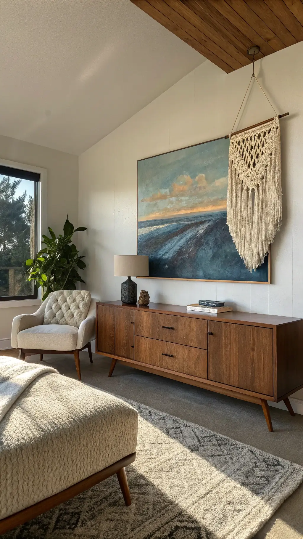 Master bedroom bathed in afternoon light, featuring a floating walnut credenza, oversized abstract canvas in earth tones, mid-century armchair in textured fabric, and macramé wall hanging.