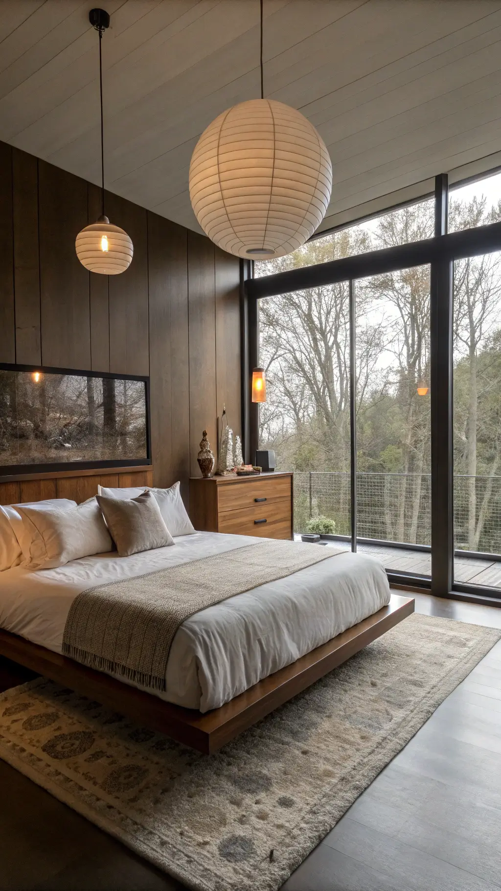 Minimalist, elevated bedroom with floor-to-ceiling windows, warm white linen bedding, paper pendant lights, vintage dresser with modern sculptures, highlighting textural contrasts and vertical space.