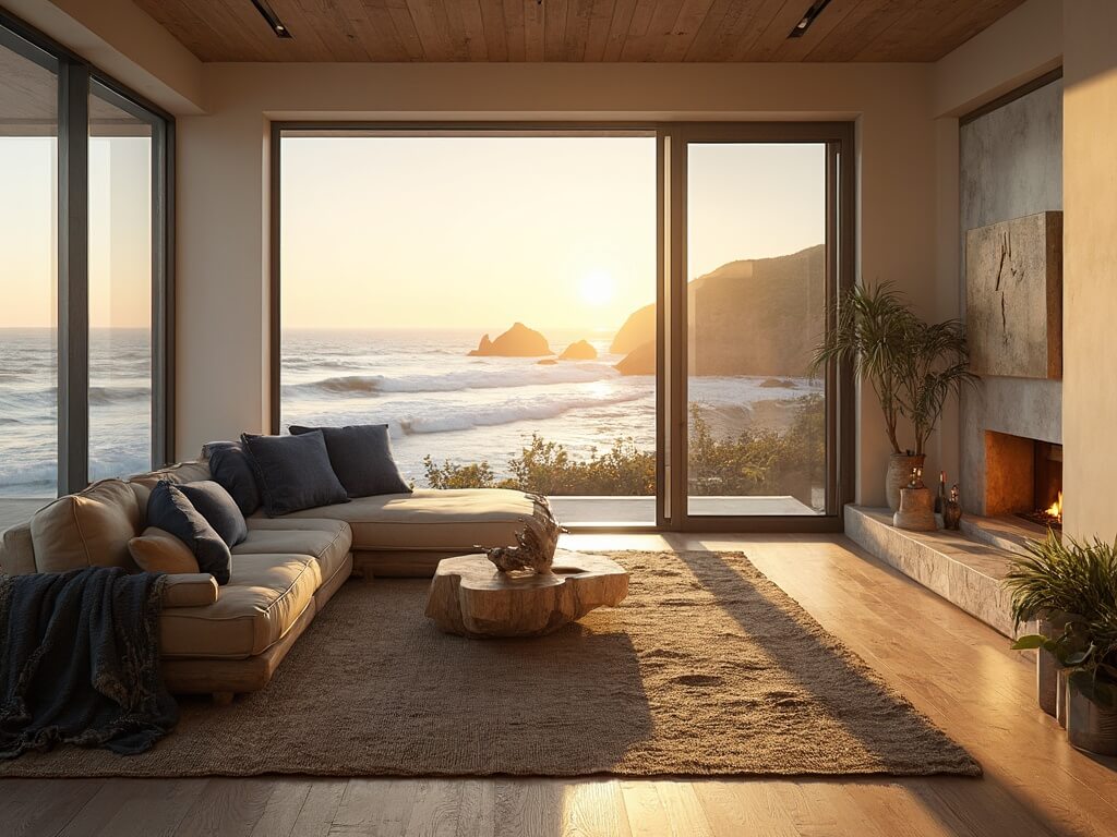 "Luxury coastal living room with floor-to-ceiling windows overlooking Big Sur's coastline, furnished with teak furniture, indigo pillows, driftwood sculpture, and modern coastal decor at golden hour."