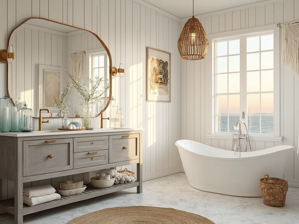 "Serene coastal bathroom with white shiplap walls, double gray vanity, large rattan-framed mirror, brass fixtures, and natural decor elements"