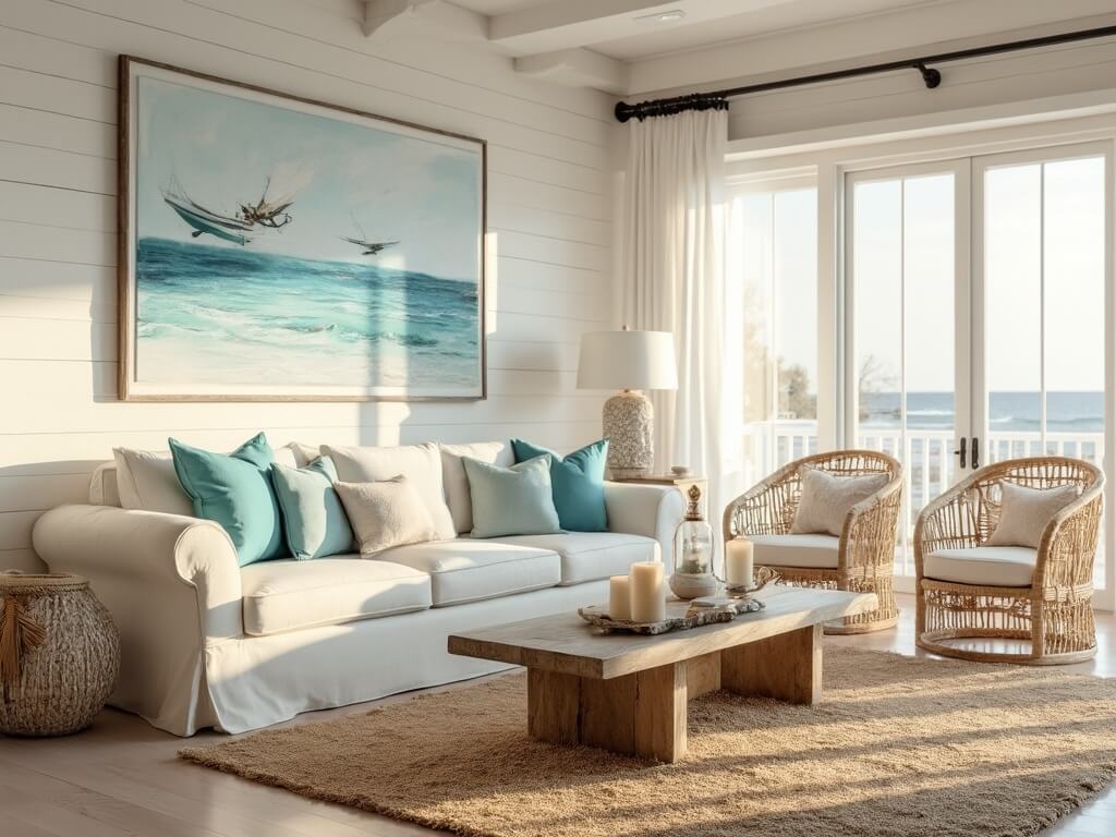 "Sunlit coastal living room with white sofa, driftwood coffee table, rattan chairs, and ocean-themed decor against shiplap walls and hardwood floors"
