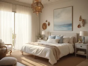 "Coastal bedroom sanctuary with king-sized bed, whitewashed wooden furniture and coastal accents during golden hour"