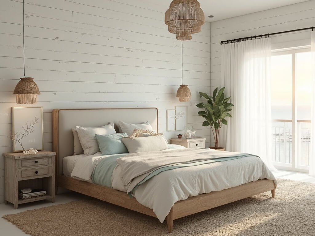 "Spacious coastal bedroom with natural oak platform bed, whitewashed shiplap walls, vintage brass sconces and coastal decor elements in muted color palette"