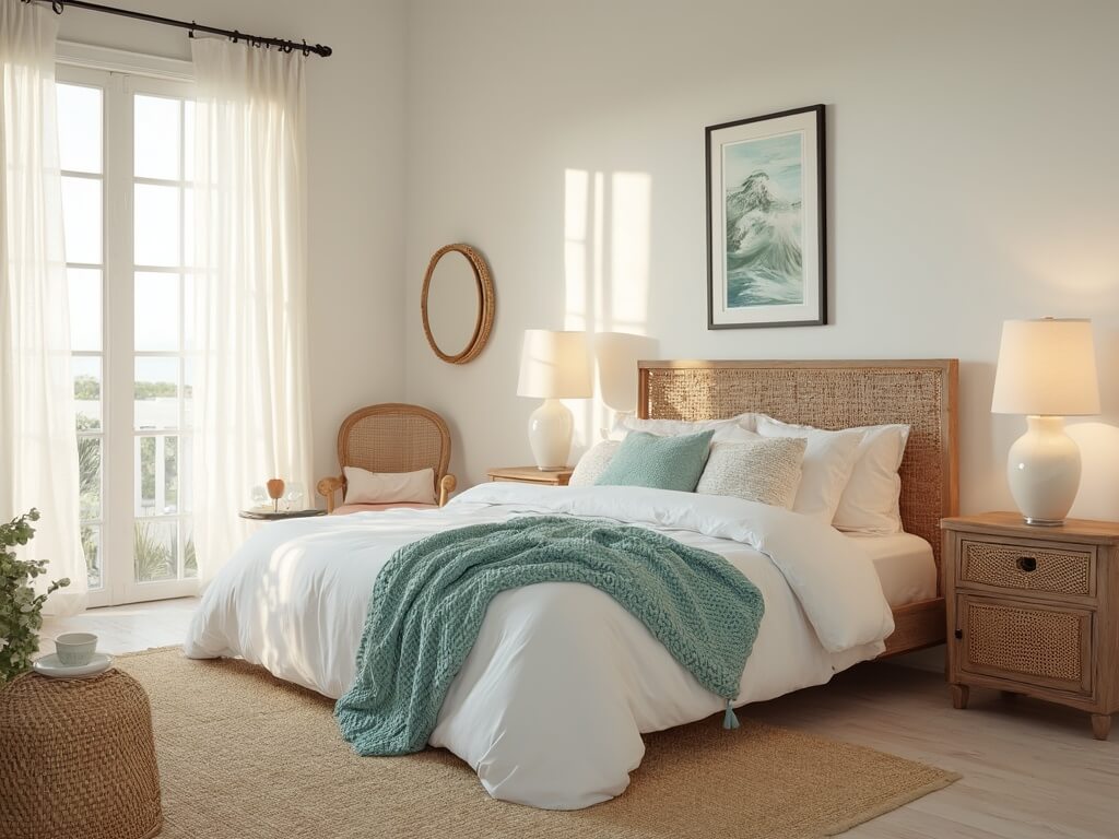 "Coastal bedroom with natural textures and ocean palette, featuring a king-size bed, rattan headboard, aqua throw, driftwood nightstands, and vintage rattan chair"