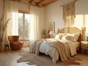 "Boho-chic bedroom with rattan headboard, ivory linen bedding, and vintage leather armchair bathed in golden hour light."