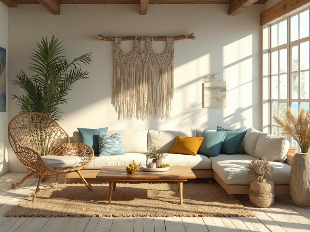 "Sun-lit bohemian living room with natural textures and ocean palette, featuring rattan furniture, macramé decorations, and brass accents."