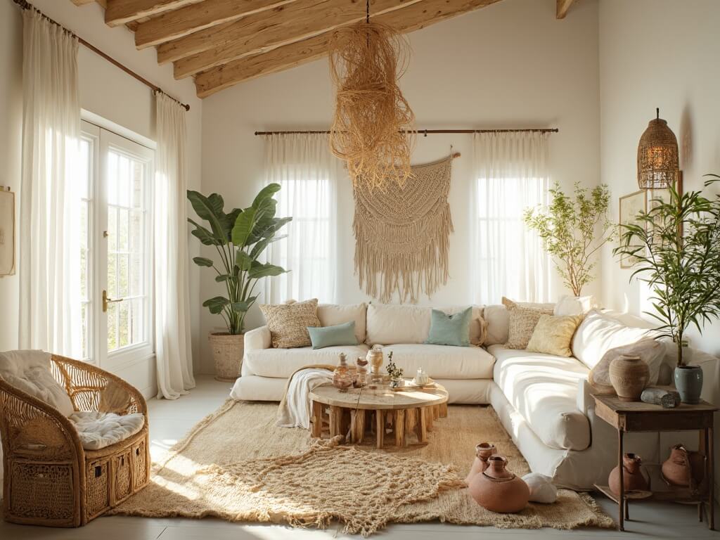 "Coastal bohemian living room with natural elements, white-washed vaulted ceiling, rattan furniture, and pendant lights, bathed in golden hour light"