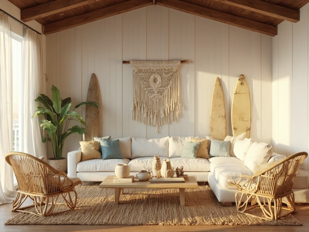 "Coastal boho living room bathed in golden hour light, featuring cream linen sofa, rattan chairs, bleached wood coffee table, macrame wall decor, and potted palm"