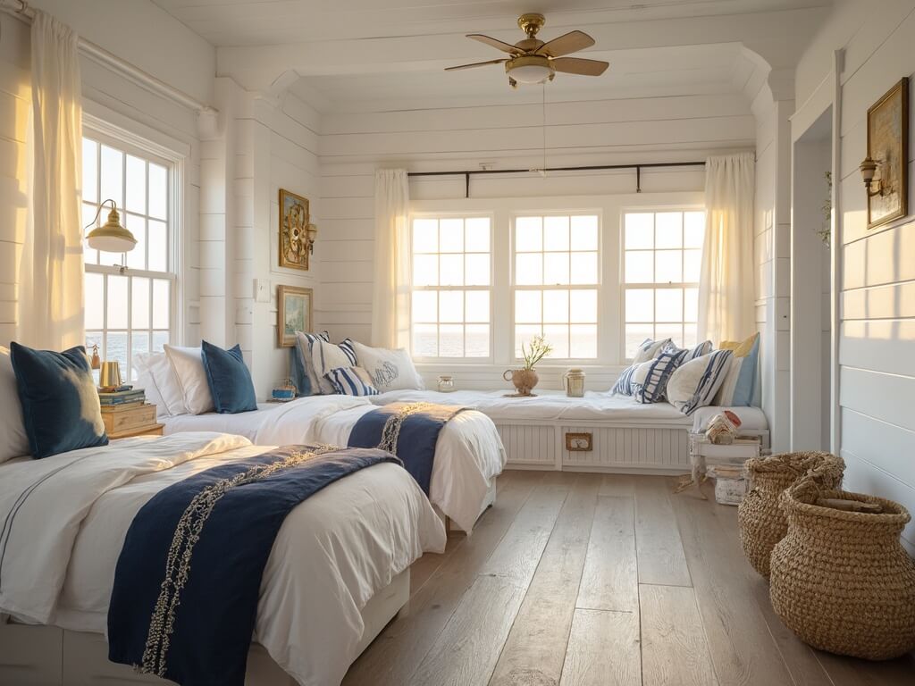 "Nautical themed bunk room with natural lighting, navy blue curtains, striped quilts, and vintage coastal decor"