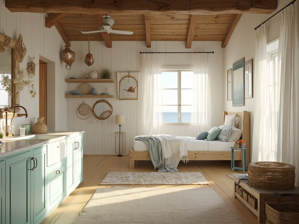 "Bright and serene coastal cabin interior featuring open-concept kitchen with white and seafoam green cabinets, and visible bedroom entrance with white and blue linens"