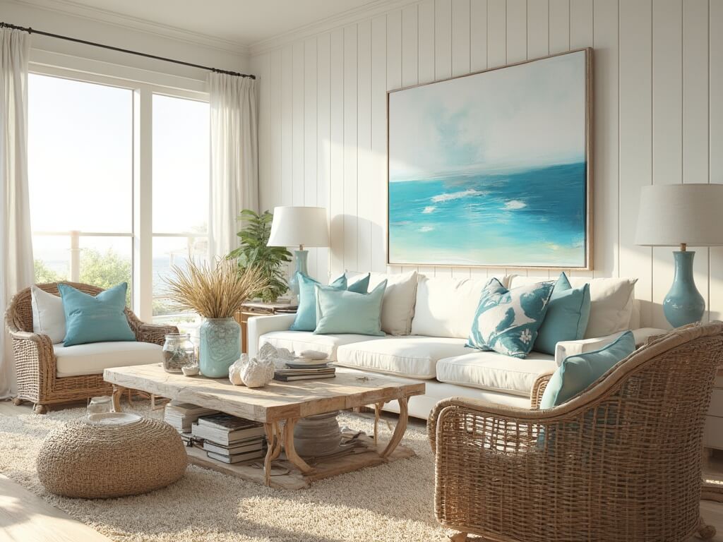 "Coastal chic living room with shiplap walls, natural sunlight, a linen sofa, rattan chairs, jute rug, blue and seafoam green accessories, and seascape artwork"