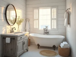 "Sunlit coastal farmhouse bathroom with white shiplap walls, vintage clawfoot tub, Carrara marble-topped driftwood vanity and oversized brass mirror"
