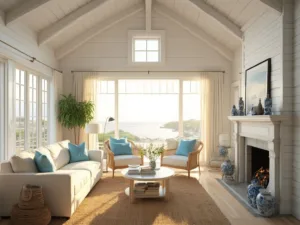 "Sun-drenched coastal living room with cream sectional sofa, rattan armchairs, limestone fireplace, and white shiplap walls, beautifully decorated with blue accent pillows, ginger jars, coral specimens, and woven baskets under soft golden hour lighting."