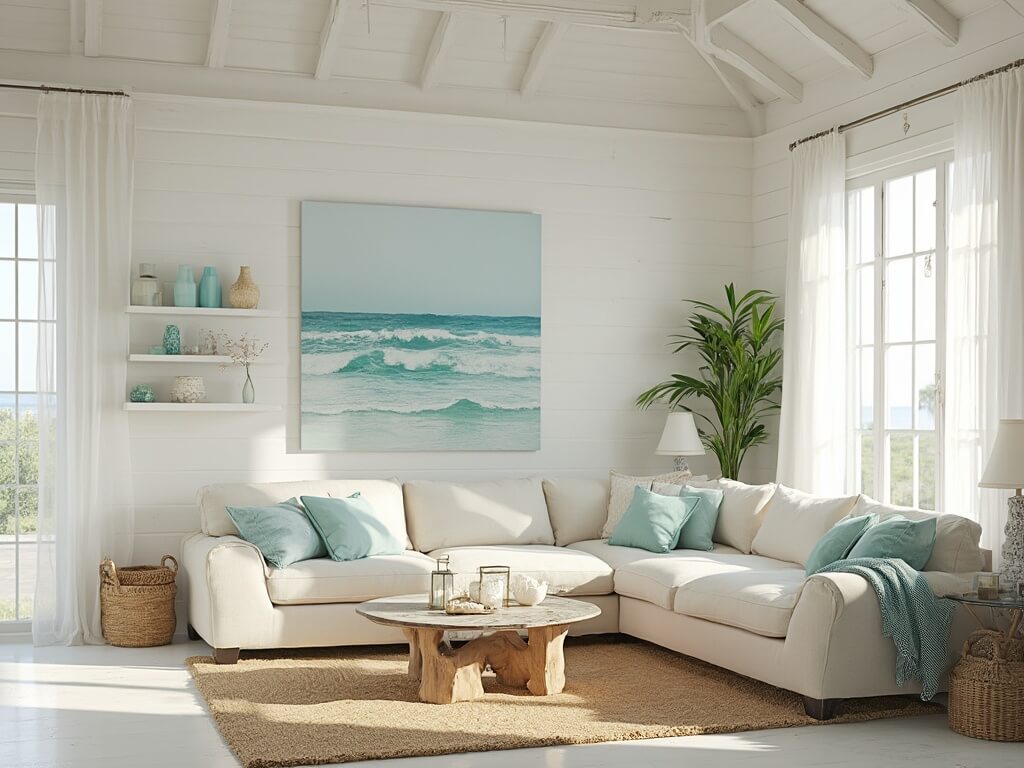 "Sunlit coastal living room with white shiplap walls, large windows, an oatmeal-colored sectional, driftwood coffee table and ocean art above the sofa."
