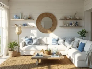 "Coastal chic living room with white shiplap wall, rattan mirror, white sectional with blue striped pillows, driftwood coffee table, and sea glass decorations in soft natural lighting."