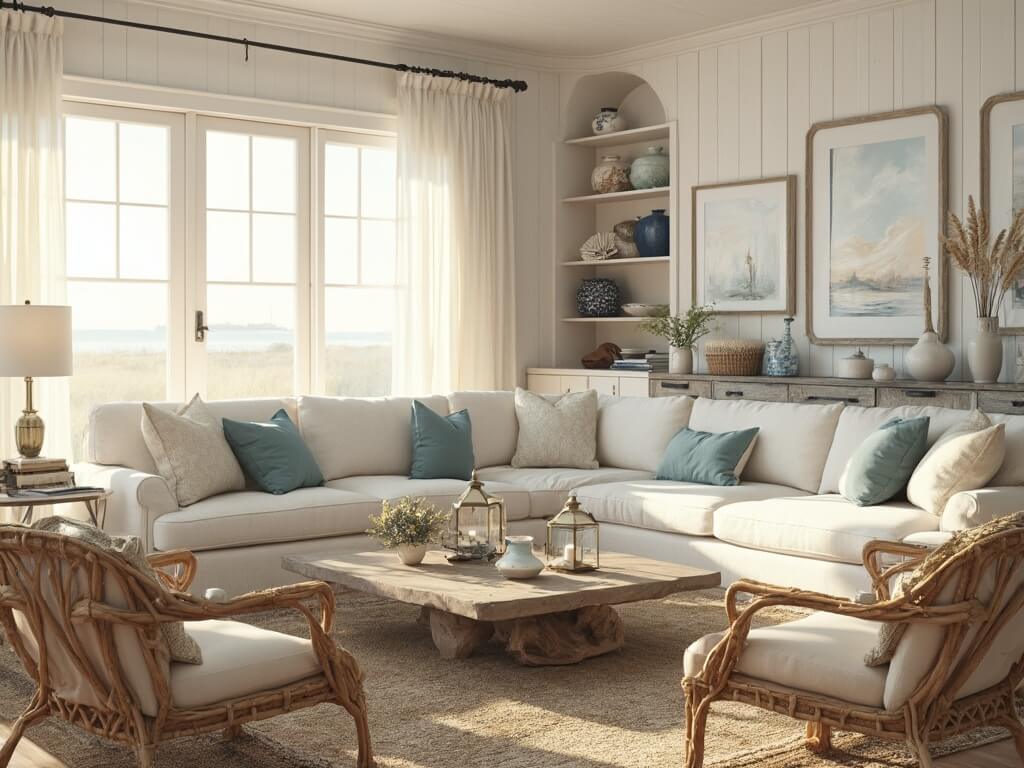 "Sun-drenched coastal living room with white linen furnishings and beach-themed accessories during golden hour"