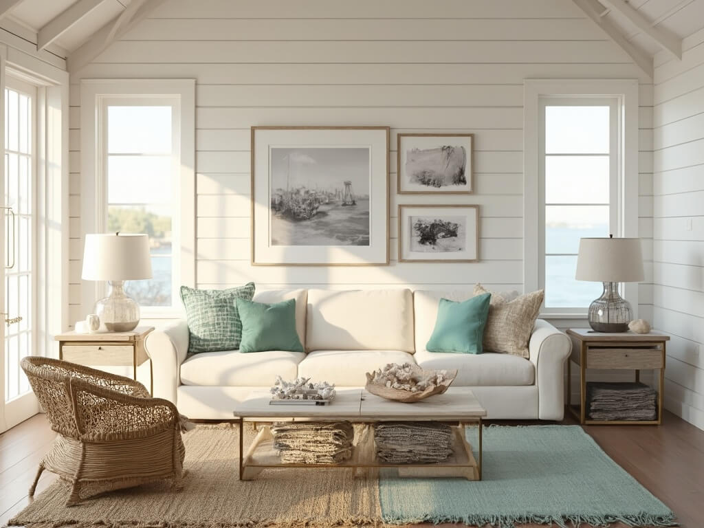 "Coastal living room with white shiplap walls, vaulted ceilings, floor-to-ceiling windows, cream linen slipcovered sofa, driftwood side tables, and a gallery wall of beach photographs"