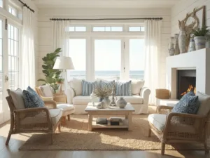 "Serene coastal living room in beach house with cream sofa, rattan chairs, and beach-inspired decor, bathed in morning sunlight"
