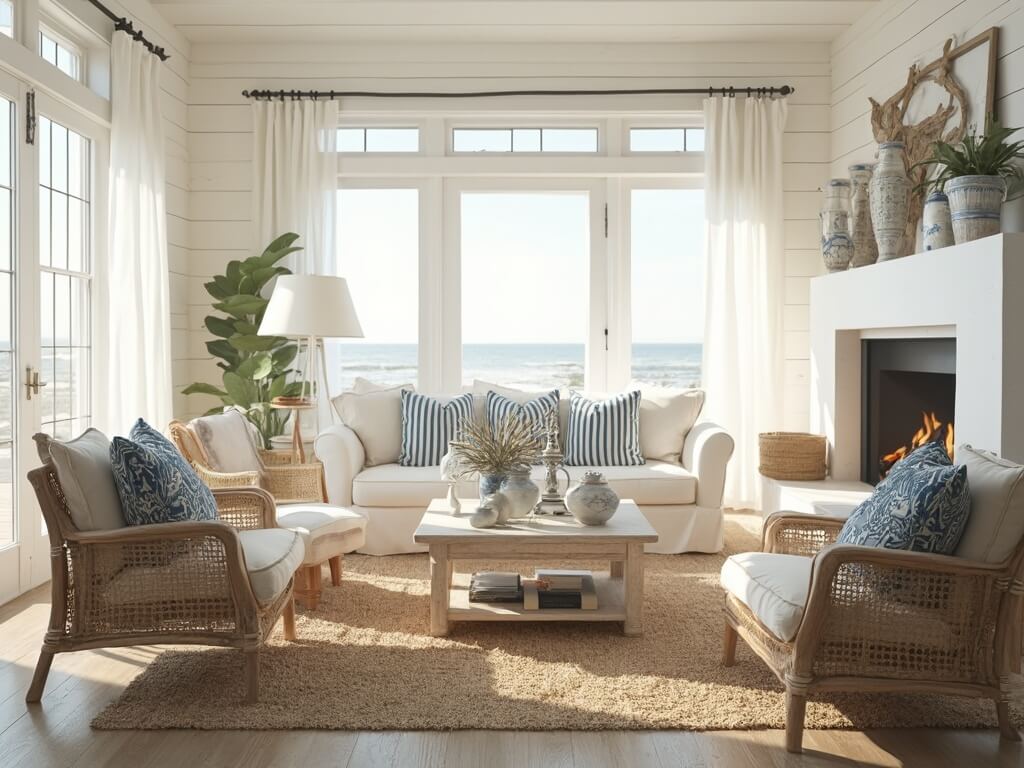 "Serene coastal living room in beach house with cream sofa, rattan chairs, and beach-inspired decor, bathed in morning sunlight"