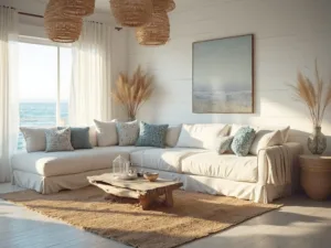 "Sun-drenched coastal living room with white linen sofa, rattan pendant lights, and natural decor at golden hour"