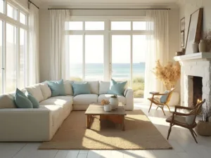 "Sunlit coastal living room with plush ivory sofa, driftwood coffee table, rattan accent chairs and whitewashed stone fireplace"