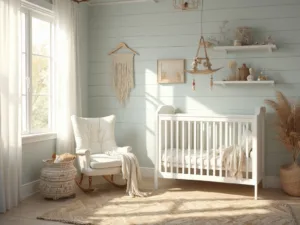 "Serene coastal nursery interior with white crib, rocking chair, driftwood mobile, and maritime-inspired decor in soft, golden-hour lighting"