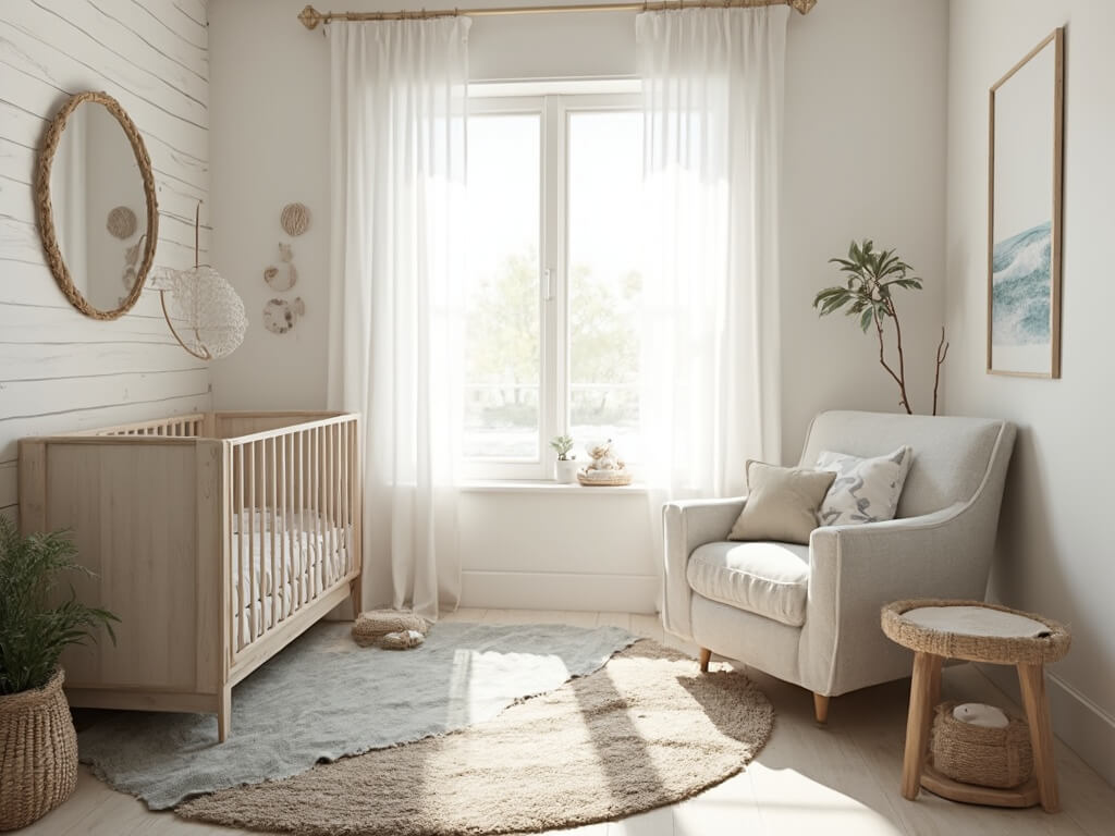 "Coastal-themed nursery with modern crib, bouclé glider, and natural accents, bathed in soft morning light"