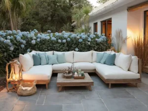 "Luxurious coastal backyard patio with plush seating, driftwood coffee table, mature hydrangeas, and ambient lantern lighting during golden hour"