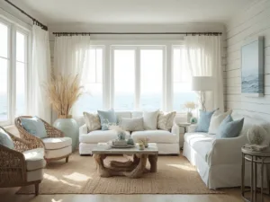 "Sunny coastal living room with floor-to-ceiling windows, cream sofa, natural fiber rug, oak coffee table with coral accents, rattan pendant lights, brass telescope, potted palm, and bouclé chair in serene beach retreat setting"