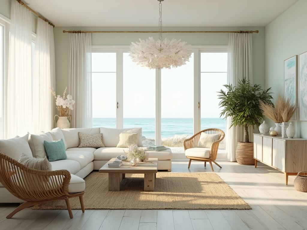 "Coastal living room with natural light, plush white sectional, weathered oak coffee table, rattan accent chairs, and beach-themed decor"