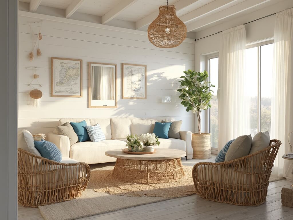 "Sunlit coastal living room with cream sofa, rattan armchairs, driftwood table, maritime decor, and floor-to-ceiling windows during golden hour"