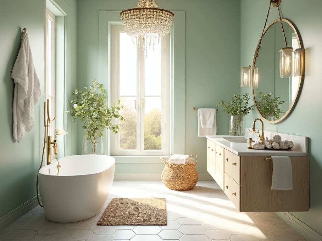 "Luxurious coastal bathroom with sea-glass green walls, bleached oak vanity, white oval tub, and hexagonal marble floor tiles, accented with brass and crystal details, stylishly arranged towels and fresh greenery"