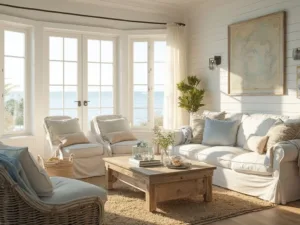 Sunlit coastal living room with white shiplap walls, blue and beige accents, weathered driftwood coffee table and floor-to-ceiling bay windows during golden hour.