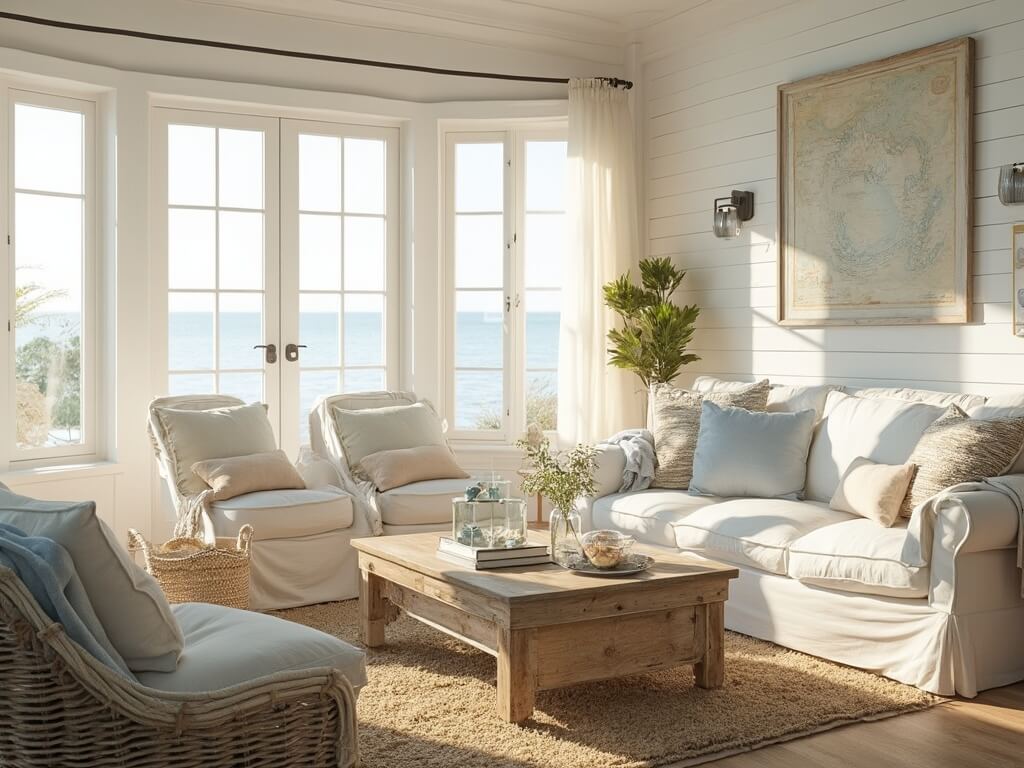 "Luxurious coastal living room with sunlit vaulted ceiling, white sectional sofa, driftwood coffee table, and coastal decor in a beach house"