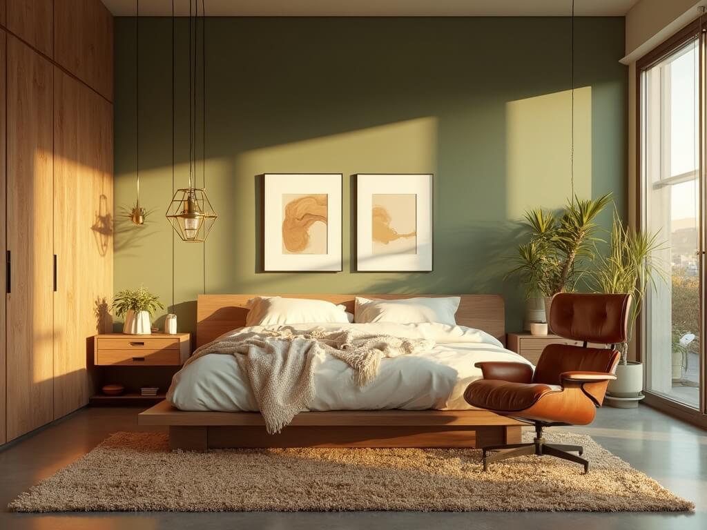 "Mid-century modern bedroom bathed in golden hour sunlight with walnut platform bed, sage green accent wall, Eames lounge chair, and minimal artwork."