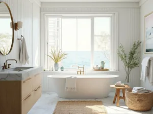 "Modern coastal bathroom with white tub, floating vanity, brass fixtures, natural decor elements and sea glass blue accents in morning sunlight"