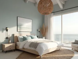 "Coastal bedroom with serene morning light, minimalist decor and modern amenities"