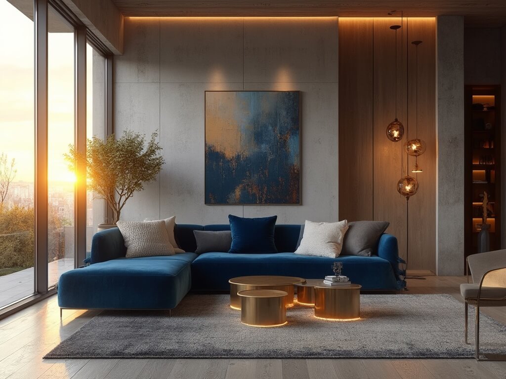 "Modern luxury living room with sapphire blue velvet sofa, brushed brass coffee tables, and smart lighting on industrial concrete wall during golden hour"