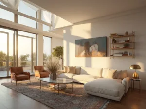 "Spacious modern living room bathed in golden hour light featuring cream sectional sofa, midcentury chairs, brass fixtures and vintage Persian rug"