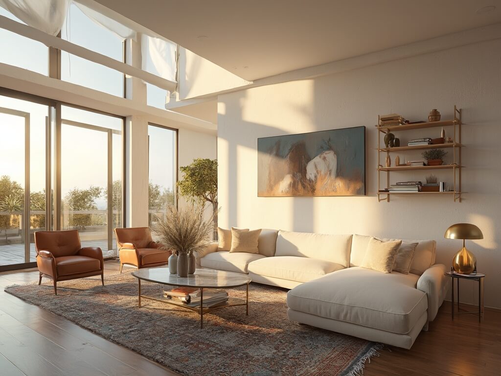 "Spacious modern living room bathed in golden hour light featuring cream sectional sofa, midcentury chairs, brass fixtures and vintage Persian rug"