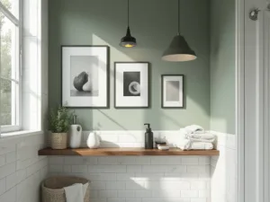 "Modern apartment bathroom with sage green accent wall, minimalist gallery wall, and high-end details in morning sunlight"