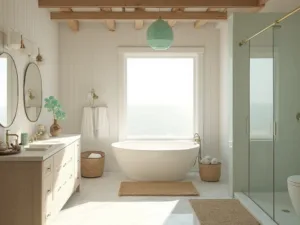 "Luxurious coastal bathroom with white shiplap walls, oak beams, marble countertops, and natural texture elements during golden hour"