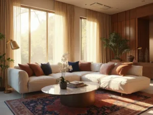 "Sophisticated and spacious living room during golden hour with cream sectional sofa, antique brass floor lamp, marble coffee table, and vintage Persian rug, featuring brass and wood accents, champagne silk drapes, and textured pillows."