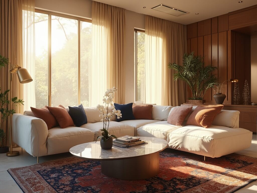 "Sophisticated and spacious living room during golden hour with cream sectional sofa, antique brass floor lamp, marble coffee table, and vintage Persian rug, featuring brass and wood accents, champagne silk drapes, and textured pillows."