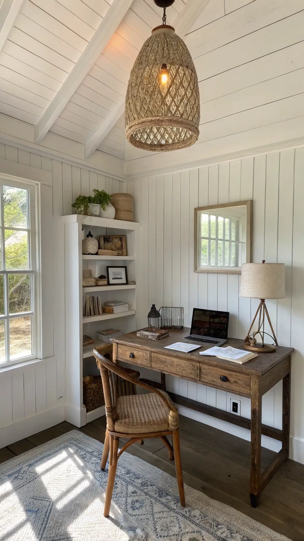 Compact home office with warm white shiplap walls, vintage teak sailor's desk, handwoven jute pendant lamp, and marine decor under glass cloches bathed in diffused northern light.