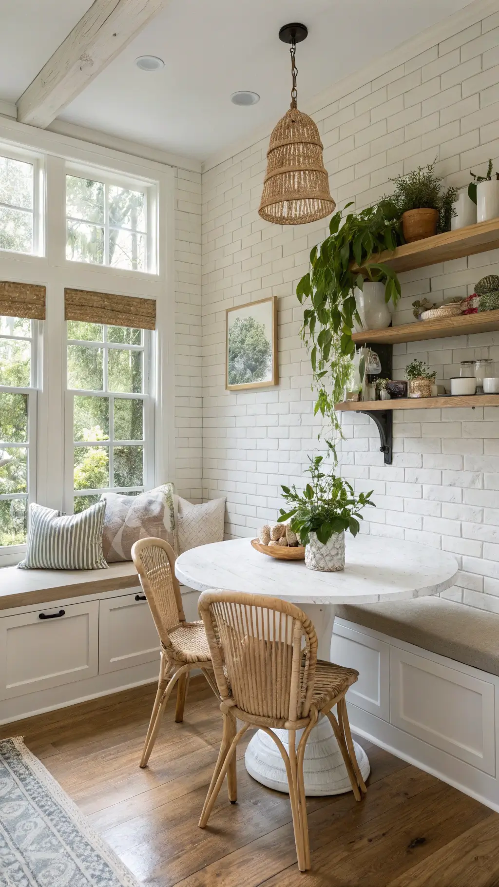 Brightly lit kitchen nook with white brick walls, reclaimed wood shelving displaying white pottery and sea glass, a chalk-finished oak dining table paired with rattan café chairs, and macramé plant hangers with trailing greenery.