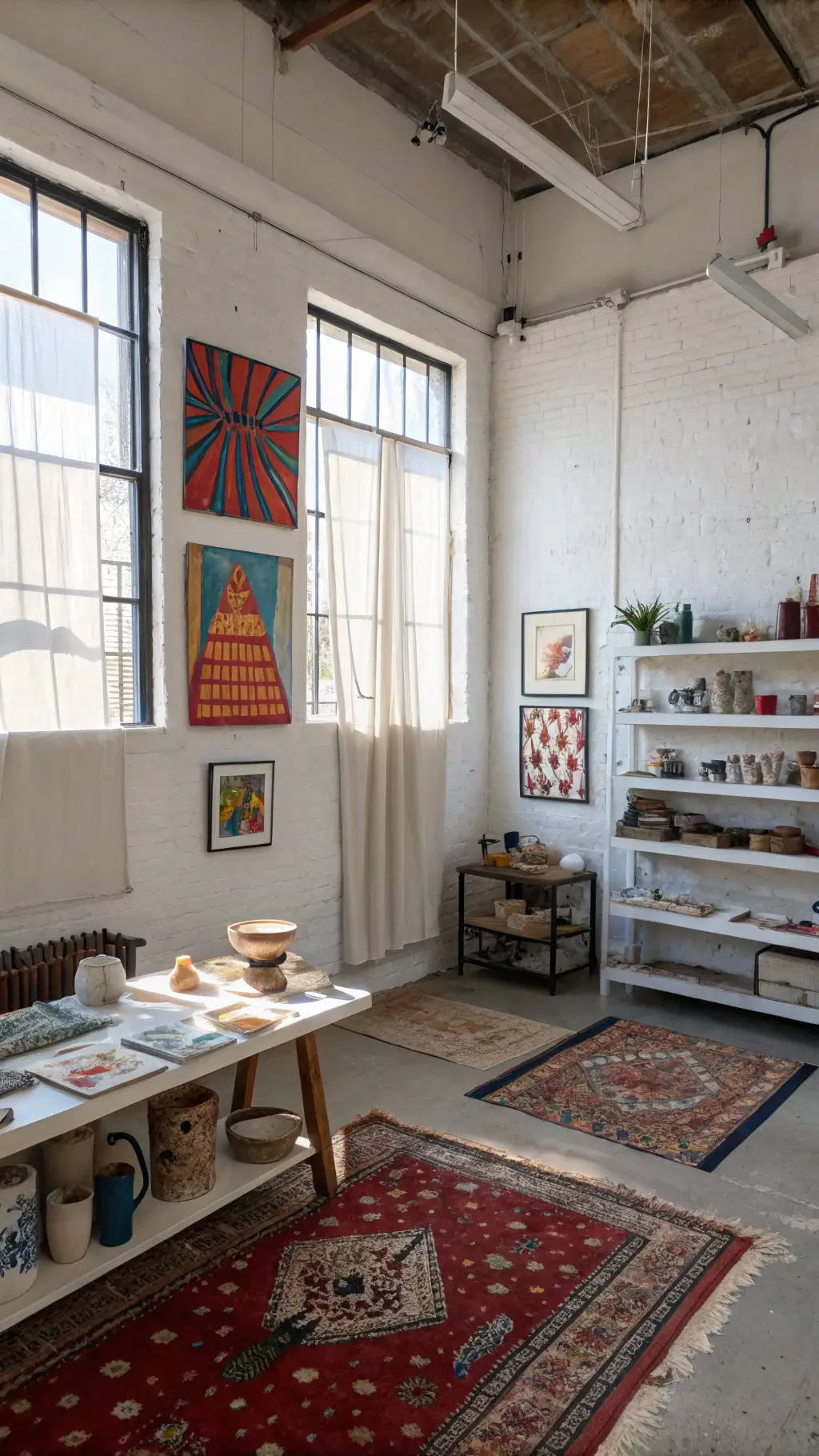 Bright morning light illuminating a spacious artist's studio with white walls featuring vibrant abstract paintings, open shelves filled with earth-toned pottery, a paint-splattered work table covered in artistic tools, and vintage kilim rugs in rich red and indigo hues.