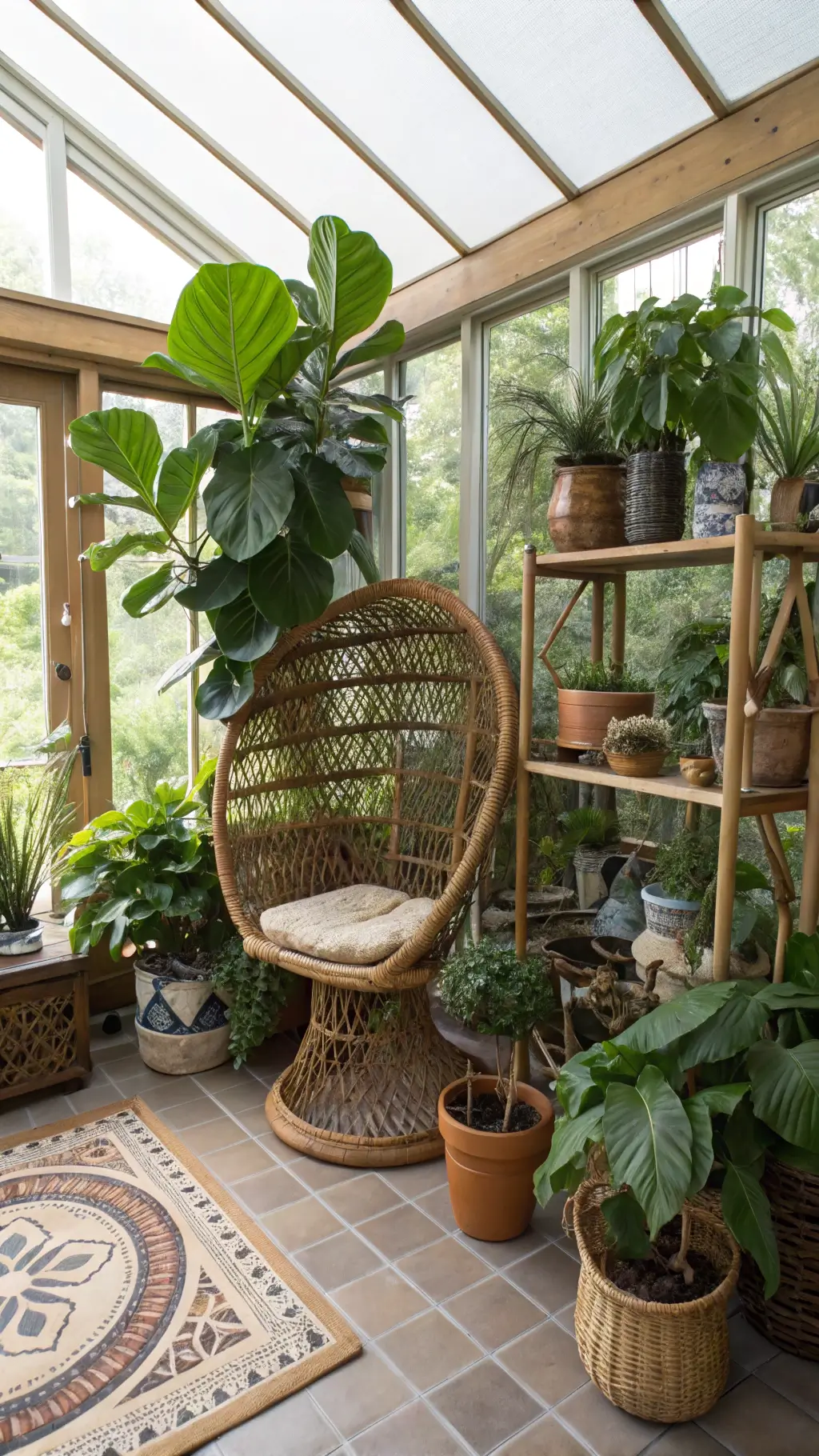 Rattan peacock chair in a 10x12ft plant-filled solarium with floor-to-ceiling windows, decorative ceramic planters, and a vintage bamboo étagère, bathed in morning light for a jungle-like atmosphere.